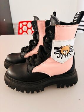 Kids Pink Black Boots Moschino